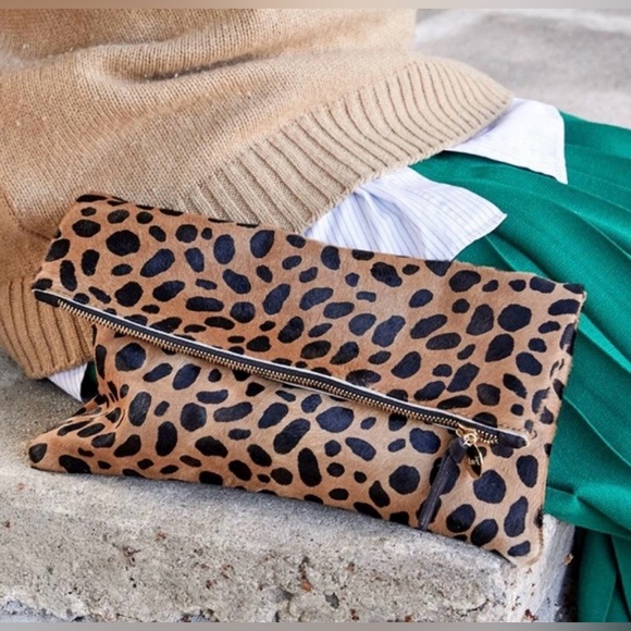 CLARE V LEOPARD PRINT, HAIR-ON FOLD OVER CLUTCH BAG - Picture 2 of 8